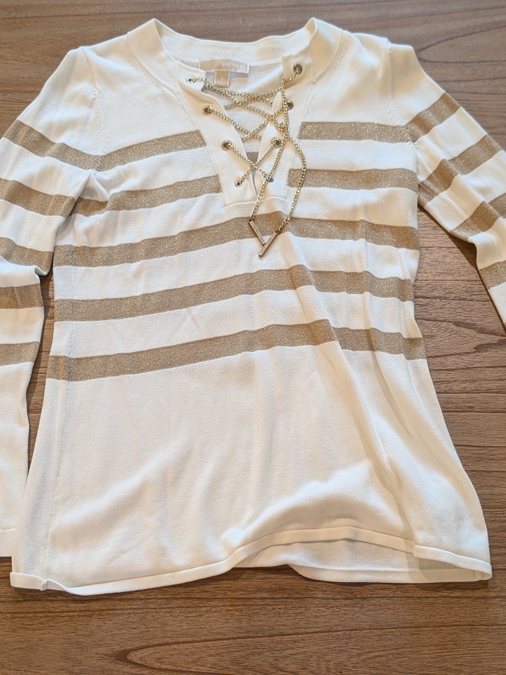 MICHAEL Michael Kors White & Gold Lace-Up Stripe Pullover